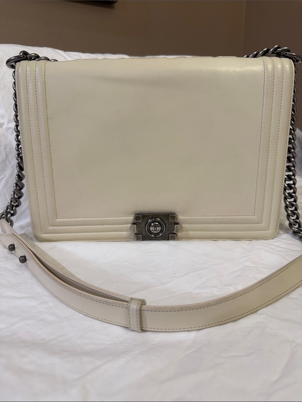 Authentic CHANEL Le Boy XL Cream Leather Shoulder Bag with Gun Metal Hdwr w/COA